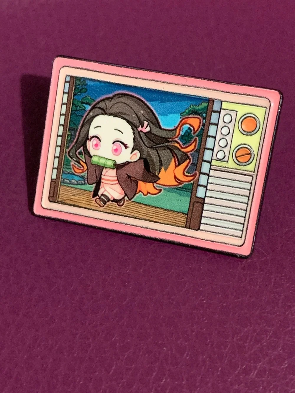 Pink Enamel TV Brooch with Anime Nezuko Kamado Design